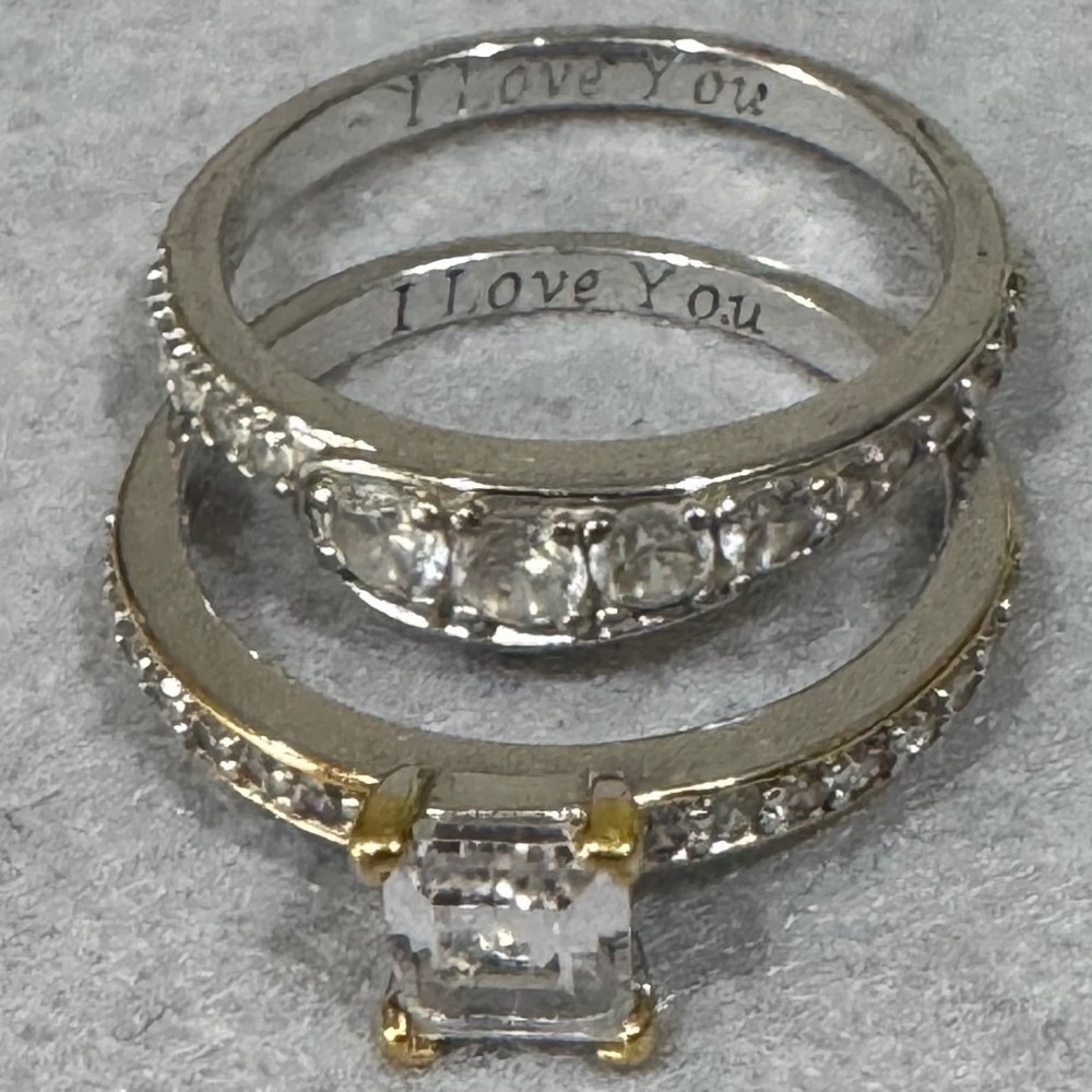 BGE Bridal Set Ring Women Size 7 Silver 925 Emerald Cut CZ I Love You Engraved